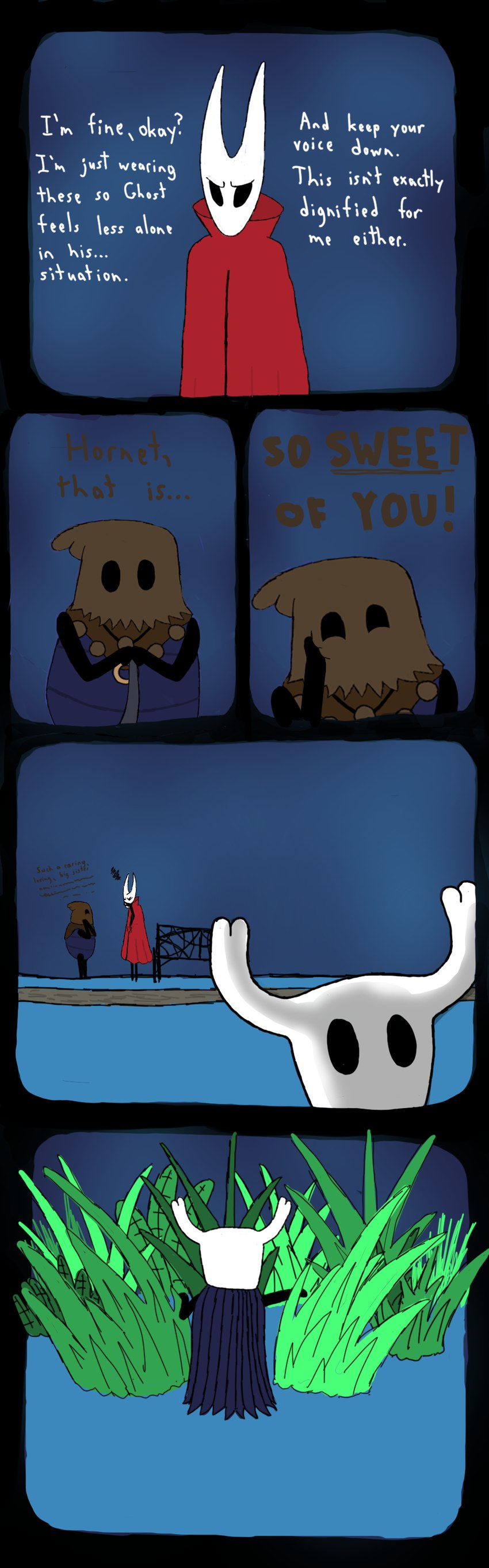 ambiguous_gender anthro clothing dialogue duo female simple_background solo text topwear soiledvessels hollow_knight team_cherry cloth_(hollow_knight) hornet_(hollow_knight) the_knight_(hollow_knight) arthropod insect vessel_(species) absurd_res comic digital_media_(artwork) english_text hi_res