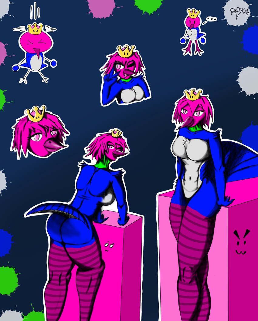 >:3 anthro beak blue_body breasts butt confusion crossgender crown cube featureless_breasts featureless_crotch female green_neck hair headgear male multiple_poses palomino_(gg-0_0-jurejo123) pink_eyes pink_hair pink_head pose silly_face solo super_crown gg-0_0-jurejo123 mario_bros nintendo avian bird columbid humanoid pigeon absurd_res hi_res spanish_description