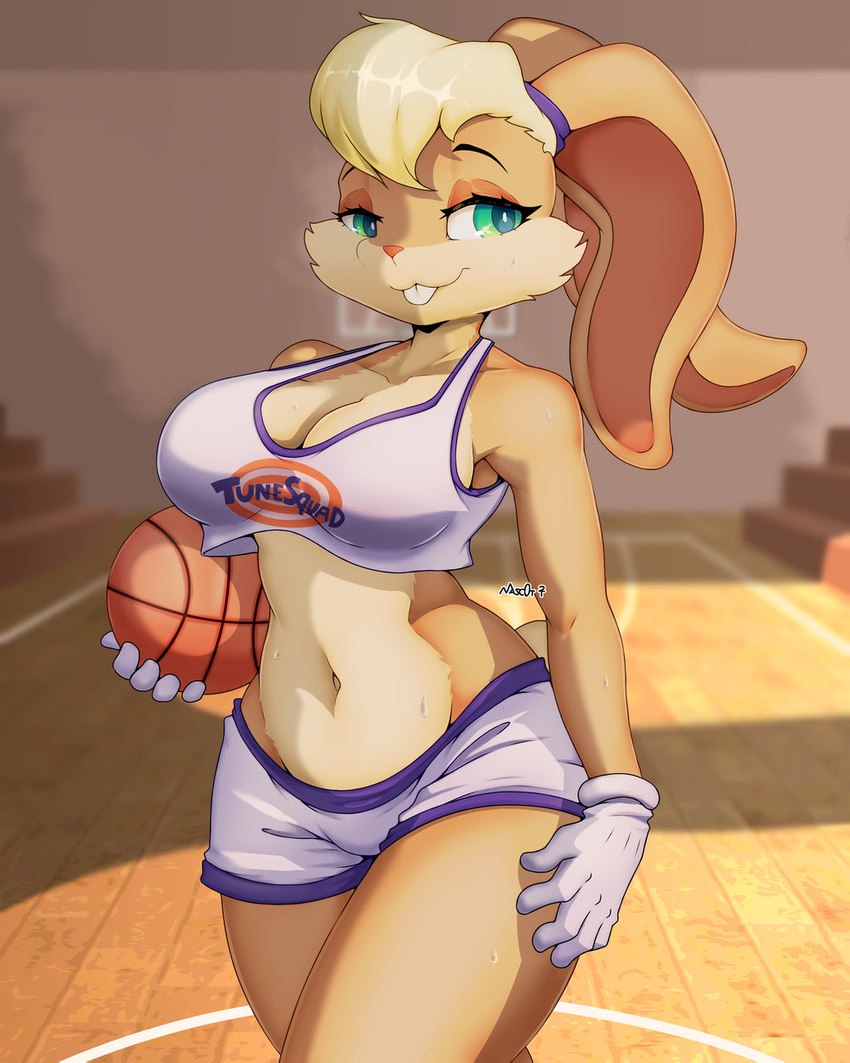 anthro ball basketball basketball_uniform big_breasts blonde_hair breasts buckteeth cleavage clothed clothing crop_top female fur gloves hair handwear shirt short_tail solo sportswear tail tan_body tan_fur tank_top teeth text text_on_clothing text_on_shirt text_on_tank_top text_on_topwear topwear tune_squad_outfit tune_squad_outfit_(1996) uniform masc0t361 looney_tunes space_jam warner_brothers lola_bunny lagomorph leporid mammal rabbit 4:5 english_text hi_res source_request unavailable_at_source