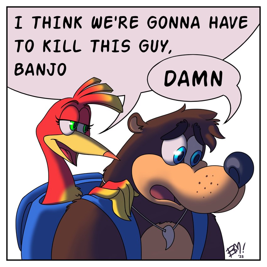 anthro blue_eyes border clothed clothing dialogue duo female green_eyes hand_over_shoulder humor male profanity sad simple_background speech_bubble text white_border bananameteor banjo-kazooie i_think_we're_gonna_have_to_kill_this_guy rareware banjo_(banjo-kazooie) kazooie avian bear breegull mammal 1:1 2023 english_text hi_res meme reaction_image signature