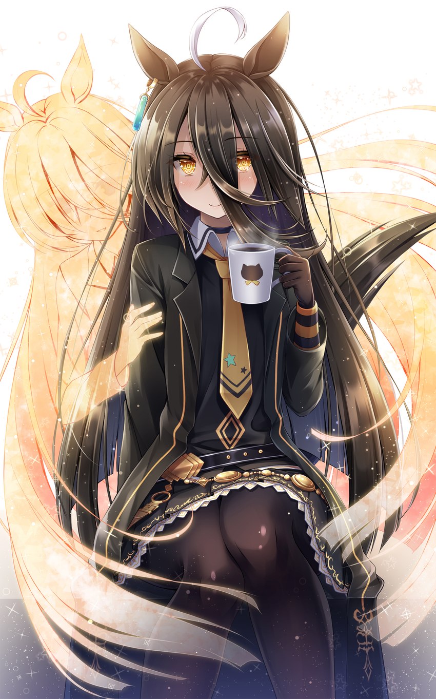 ahoge amber_eyes beverage black_hair bottomwear clothing coffee coffee_mug container cup ear_piercing female hair highlights_(coloring) jacket legwear long_hair necktie pantyhose piercing shirt skirt solo topwear akasiosio cygames uma_musume_pretty_derby manhattan_cafe_(pretty_derby) animal_humanoid equid equid_humanoid equine equine_humanoid horse_humanoid humanoid mammal mammal_humanoid 2021 absurd_res hi_res