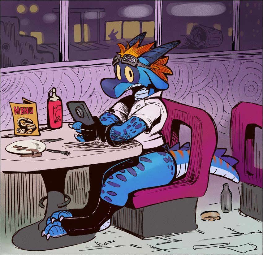 anthro blue_body blue_scales cellphone chair clothing diner electronics eyewear eyewear_on_head furniture goggles goggles_on_head inside leotard looking_at_viewer male phone plate restaurant scales sitting solo table window stalvelle risky_(stalvelle) kobold scalie hi_res