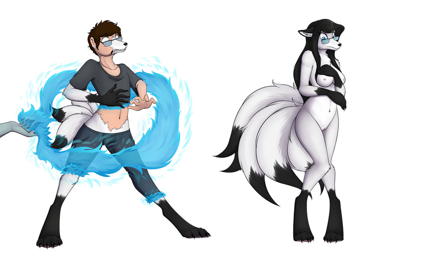 anthro black_hair black_tip_tail blue_eyes blue_fire breasts burnt_clothing colored_fire disembodied_hand duo eyewear female fire fur gender_transformation genitals glasses hair human_to_anthro male mid_transformation mtf_transformation multi_tail navel nipples nude pussy simple_background species_transformation tail transformation transformation_sequence white_body white_fur tomek1000 tomek1000_(character) canid canine fox mammal 5:3 sequence