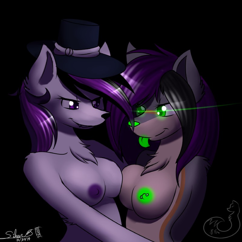 anthro breast_squish breasts breasts_frottage clothing duo female fur glowing glowing_eyes hat headgear headwear hug nude squish top_hat silverfox057 aura_spark canid canine canis fox mammal wolf 1:1 hi_res