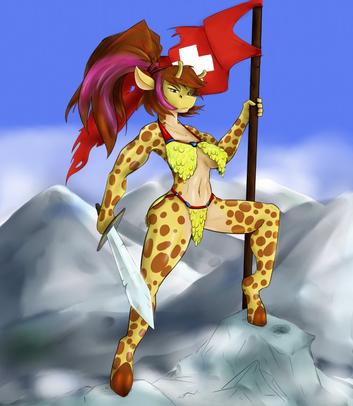 anthro breasts chainmail clothing female flag hair melee_weapon solo swiss_flag sword weapon duplicitousmachine hippik celine_louison giraffe giraffid mammal absurd_res hi_res huge_filesize