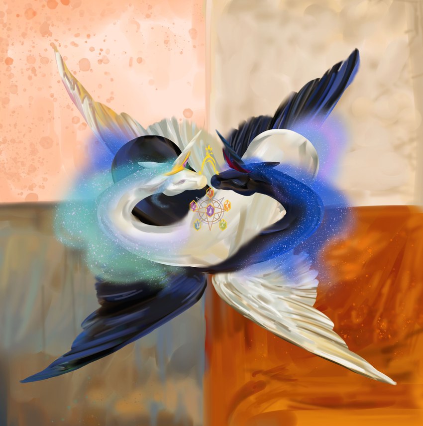 abstract_art abstract_background crown duo elements_of_harmony eye_contact feathered_wings feathers female feral headgear horn hug looking_at_another sparkles spread_wings symmetry wings polnocnykot friendship_is_magic hasbro my_little_pony mythology princess_celestia_(mlp) princess_luna_(mlp) equid equine mammal mythological_creature mythological_equine winged_unicorn absurd_res digital_media_(artwork) digital_painting_(artwork) hi_res inspired_by_formal_art painting_(artwork)