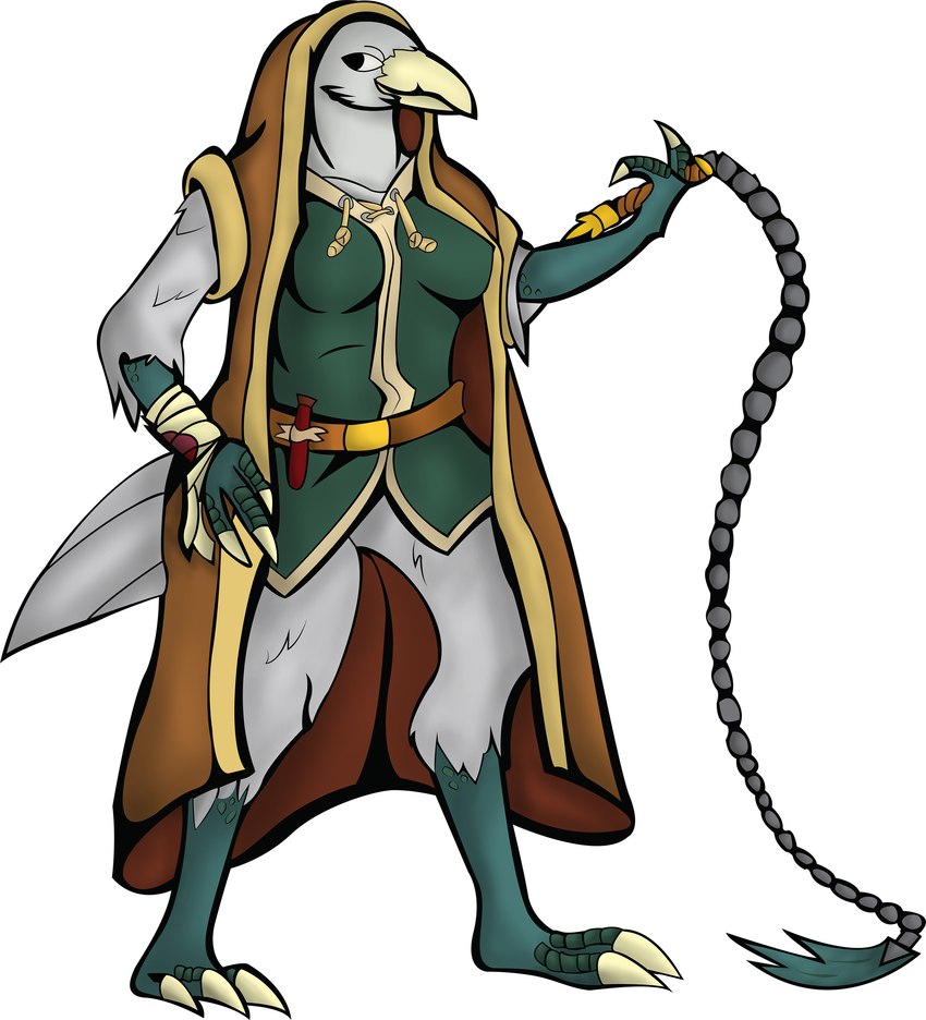 anthro bandage bandaged_arm beak belt blonde_highlights blood bodily_fluids bottomless bottomless_female breasts brown_cloak brown_clothing claws cloak clothed clothing digitigrade feathers feet female flail gold_belt_buckle green_arms green_body green_clothing green_legs green_scales grey_body grey_feathers highlights_(coloring) hood hoodie melee_weapon non-mammal_breasts scales scuted_feet scuted_hands scutes shirt solo tail tail_feathers talons toes topwear tunic weapon whip yellow_beak benjamin_garbutt dungeons_and_dragons hasbro wizards_of_the_coast avian bird corvid kenku oscine passerine absurd_res hi_res