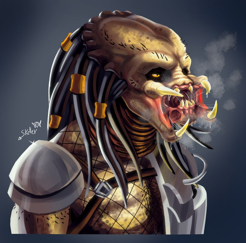 armor belt black_hair bodily_fluids body_hair breath chest_hair clothing dreadlocks fishnet_clothing gums hair jewelry looking_away mandibles neckwear saliva saliva_string science_fiction shoulder_pads simple_background solo steam teeth yellow_eyes mindfucklingskelly alien_vs._predator_(franchise) predator_(franchise) alien alien_humanoid humanoid yautja 2022 bust_portrait hi_res portrait