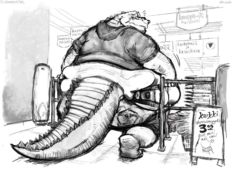 anthro belly big_belly big_butt butt clothed clothing hoodie huge_belly huge_butt hyper hyper_belly hyper_butt inside looking_back love_handles male midriff morbidly_obese morbidly_obese_anthro morbidly_obese_male obese obese_anthro obese_male overweight overweight_anthro overweight_male solo squish store stuck tail text thick_tail thick_thighs topwear wide_hips worried aokamidu crocodilian reptile scalie finnish_text greyscale monochrome partially_translated translation_request