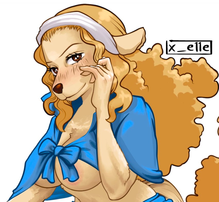 5_fingers anthro areola big_breasts blonde_hair blue_bottomwear blue_clothing blue_topwear blush blush_lines bottomwear bow_(feature) breasts brown_eyebrows brown_eyes brown_nose cleavage clothed clothed_anthro clothed_female clothing convenient_censorship eyebrows eyelashes female female_anthro fingers fur hair long_hair looking_at_viewer mouth_closed philtrum pink_areola simple_background snout solo tail tan_body tan_ears tan_fur tan_tail text topwear under_boob white_background white_hairband x_e11e one_piece wanda_(one_piece) canid canine canis domestic_dog mammal 2022 artist_name hi_res