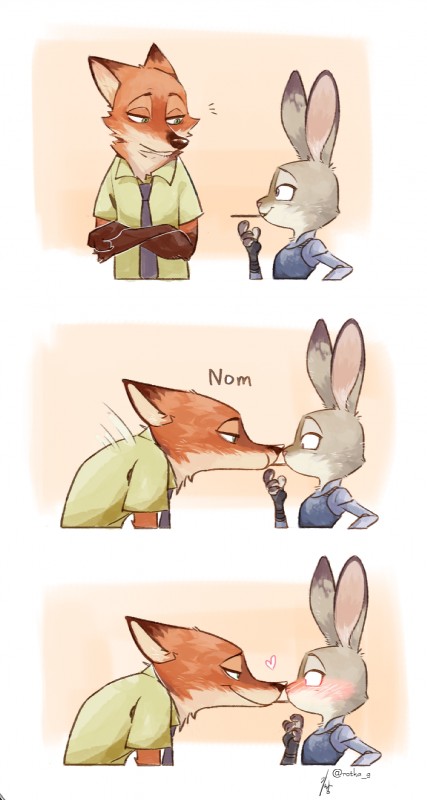 anthro countershading duo female food fur grey_body grey_fur heart_symbol long_ears love male nom orange_body orange_fur shy size_difference smile ganym0 disney pocky zootopia judy_hopps nick_wilde canid canine fox lagomorph leporid mammal rabbit red_fox true_fox hi_res