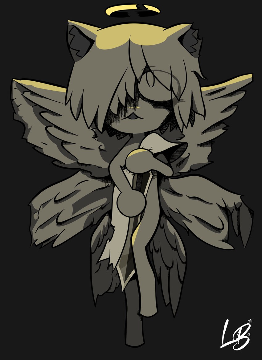 :< big_eyes broken_halo covering covering_self eye_through_hair feathered_wings feathers featureless_feet featureless_hands featureless_legs feet female frown hair halo highlights_(coloring) holding_melee_weapon holding_object holding_sword holding_weapon inner_ear_fluff looking_up melee_weapon messy_hair midair minor_wound mostly_nude multi_wing narrow_hips noseless one_eye_obstructed open_frown open_mouth simple_background solo spread_wings sword thin_calves thin_legs thin_thighs translucent translucent_hair tuft weapon wings wounded lillyalbarn tsukihime type-moon neco-arc angel animal_humanoid cat_humanoid domestic_cat felid felid_humanoid feline feline_humanoid felis humanoid mammal mammal_humanoid neco_spirit seraph_(angel) 2022 digital_drawing_(artwork) digital_media_(artwork) full-length_portrait hi_res portrait restricted_palette shaded signature