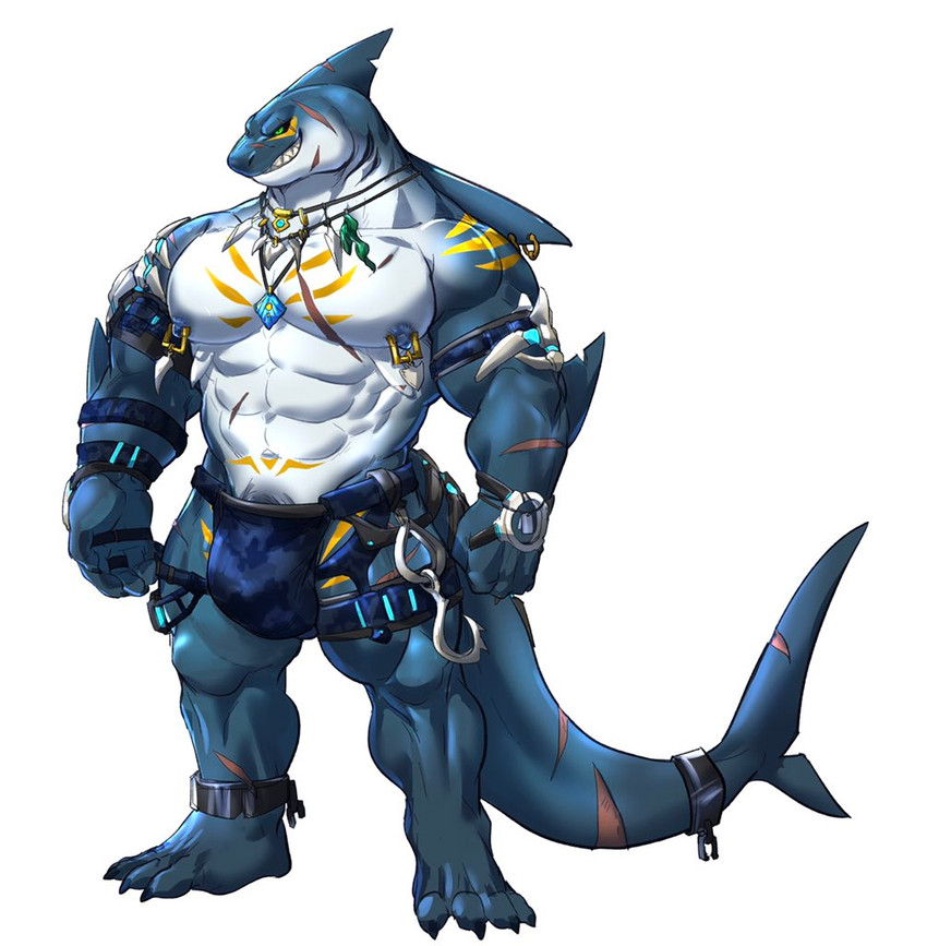 abs anthro arm_markings biceps blue_body blue_scales bulge chest_markings claws clothing elbow_fin fin golden_markings green_eyes head_fin male markings multicolored_body multicolored_scales muscular muscular_anthro muscular_male nipple_piercing nipples notched_fin pecs piercing scales scar shark_tail shoulder_markings smile smirk solo tail tail_fin tail_scar teeth toe_claws two_tone_body two_tone_scales underwear white_body white_scales uken_l alvintanubis dylan_(alvintanubis) fish marine shark