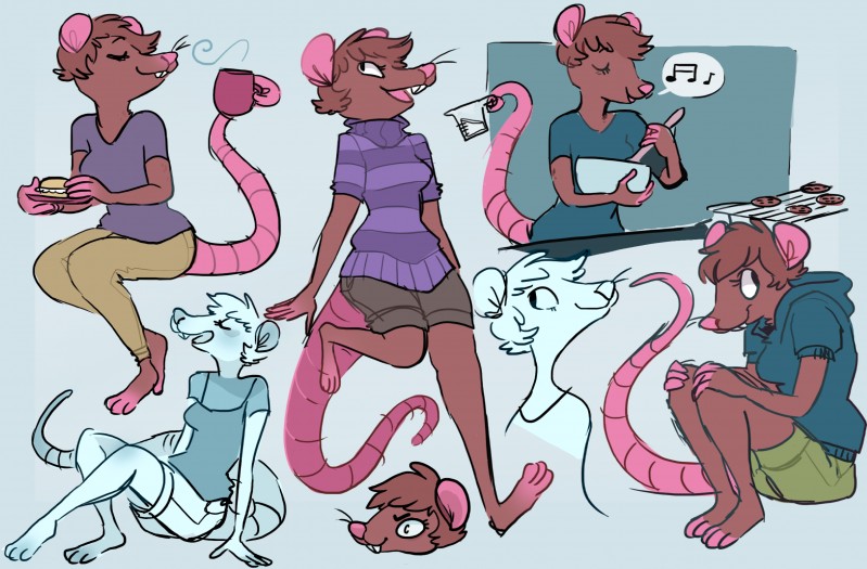 anthro beverage bottomwear breasts buckteeth capris clothing coffee cooking female food hoodie long_tail prehensile_tail shorts small_breasts solo sweater tail teeth thick_tail topwear ricket dentia mammal murid murine rat rodent hi_res sketch