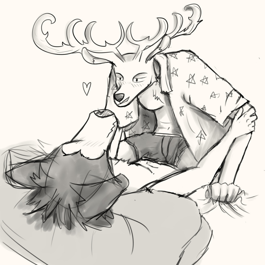 anthro antlers blush bulge chest_tuft clothed clothing duo grin grinding horn male male/male open_clothing open_shirt open_topwear shirt smile topwear tuft underwear conditional_dnp deepfriedlemons beastars legoshi_(beastars) louis_(beastars) canid canine canis cervine deer mammal red_deer wolf 1:1 hi_res