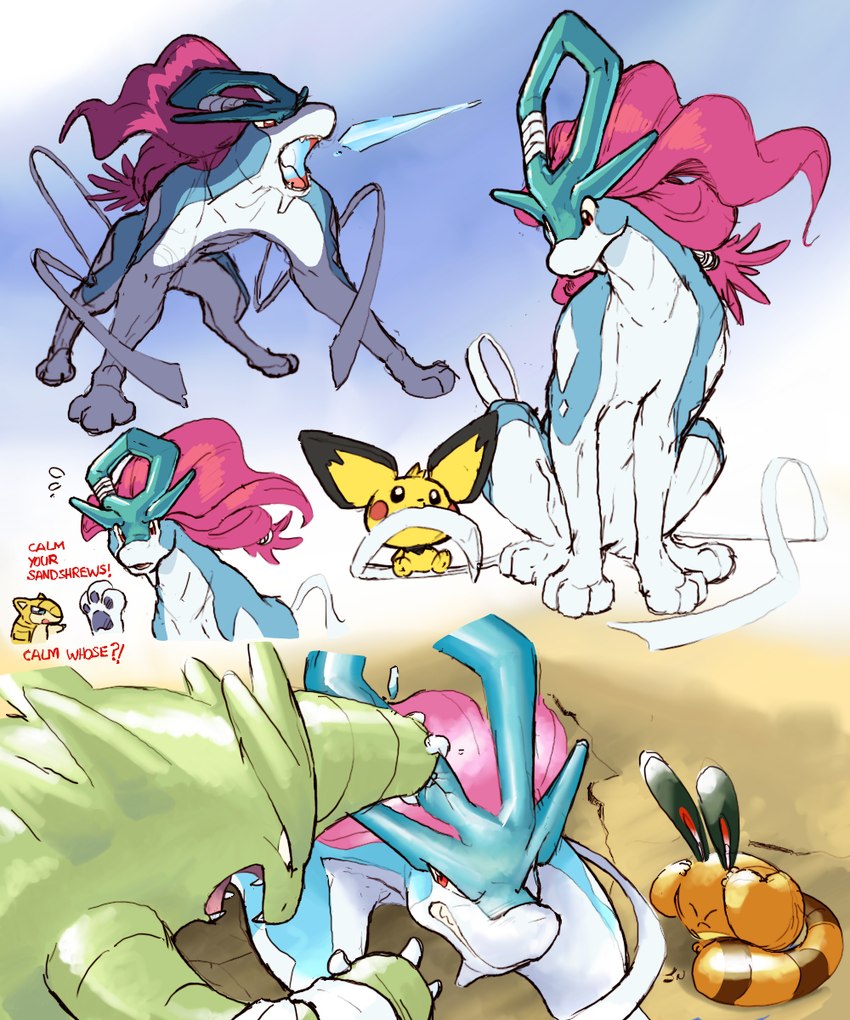 ambiguous_gender angry black_ears blue_body feral ice larger_feral looking_at_another mouth_hold open_mouth orange_body orange_tail pawpads pink_body quadruped red_eyes red_text size_difference smaller_ambiguous tail teeth text dahecksajerry nintendo pokemon generation_1_pokemon generation_2_pokemon legendary_pokemon pichu pokemon_(species) sandshrew sentret suicune tyranitar 2024 5:6 hi_res