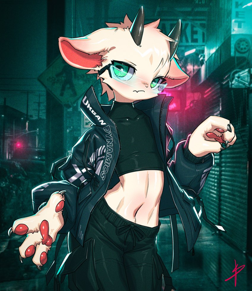 4_fingers anthro biped blush brand_name car claws clothed clothing crop_top detailed_background femboy finger_claws fingerpads fingers front_view frown fully_clothed fur garage_door glistening glistening_horn grainy green_eyes grey_claws horizontal_pupils horn jacket legs_together looking_at_viewer male male_anthro midriff mouth_closed navel night open_clothing open_jacket open_topwear outside pawpads photo_background pink_pawpads power_lines pupils shirt solo standing street_sign text topwear traffic_light utility_pole vehicle visor white_body white_fur blaedic lex_(bcdisnothexa) bovid caprine goat mammal 2023 absurd_res english_text hi_res mixed_media photography_(artwork) portrait three-quarter_portrait