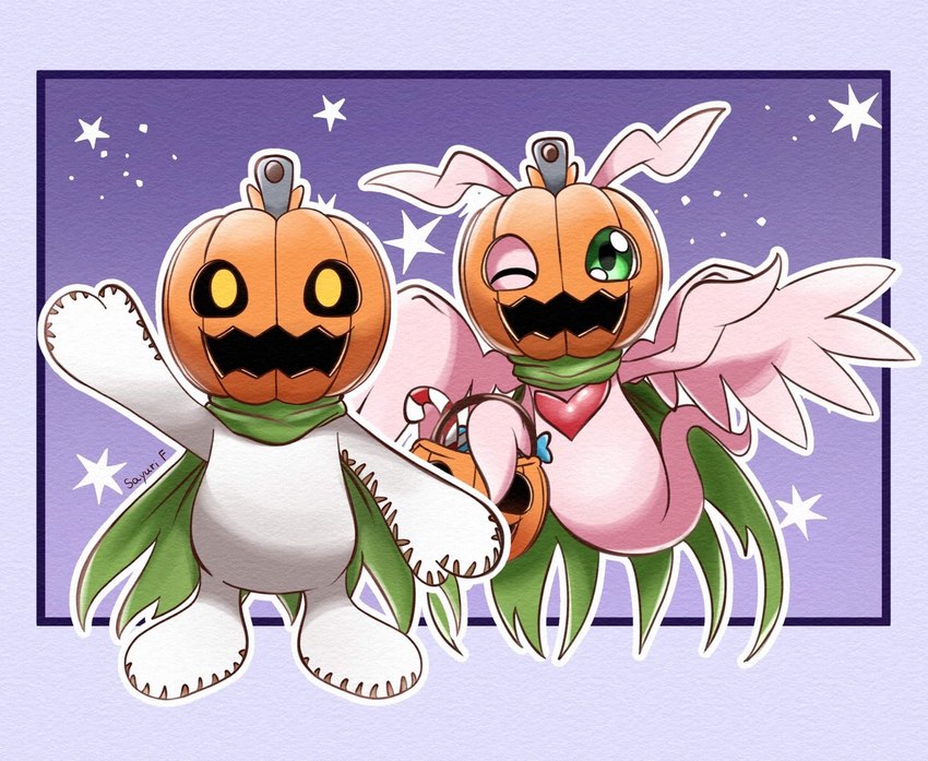 anthro axe clothing costume duo food for_a_head fruit halloween_costume heart_symbol holidays jack-o'-lantern melee_weapon one_eye_closed pink_body plant pumpkin pumpkin_head weapon wings wink liliana86973943 bandai_namco digimon halloween digimon_(species) humanoid marineangemon object_head pumpkinmon hi_res