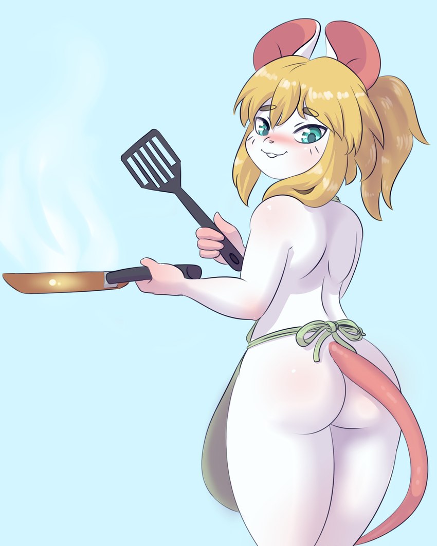 4_fingers anthro apron apron_only blonde_hair blue_background blue_eyes blue_pupils blush buckteeth butt clothing cookware femboy fingers frying_pan fur gloves_(marking) hair holding_object kitchen_utensils looking_at_viewer looking_back male markings pink_body pink_inner_ear ponytail pupils rear_view simple_background solo spatula standing steam teeth thick_thighs tools white_body white_fur mr-shin marvin_(mr-shin) mammal mouse murid murine rodent hi_res