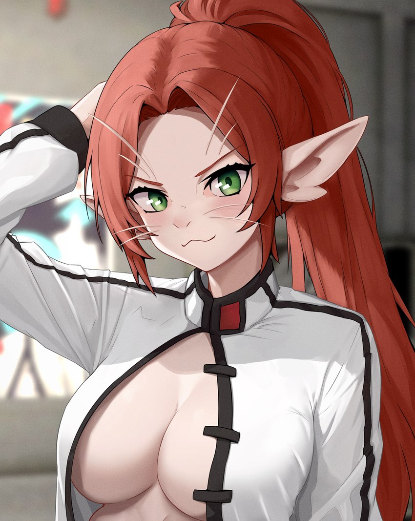 6_breasts alien_ears anthro breasts clothed clothing eyebrows female green_eyes grey_body grey_skin hair multi_breast open_clothing ponytail red_eyebrows red_hair smile smirk solo vibrissae whiskers shomo voices_of_the_void argemia alien ariral hi_res