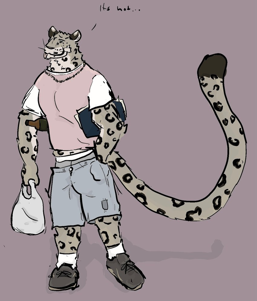 alcohol anthro bag beer beer_bottle beverage bottle bottomwear brown_clothing brown_footwear brown_shoes bulge chain clothing container countershade_arms countershade_face countershade_torso countershading denim denim_bottomwear denim_clothing denim_shorts ear_markings ears_up ellipsis exposed_belly exposed_underwear fangs fluffy fluffy_hair fluffy_tail footwear fur grey_bottomwear grey_clothing grey_pants hair jewelry leopard_spots long_tail male markings multicolored_body multicolored_clothing multicolored_fur multicolored_shirt multicolored_topwear muscular notes pants party patch_(fabric) pink_clothing pink_shirt pink_topwear plastic_bag raised_tail sagging shirt shoes shorts socks solo spots spotted_body spotted_fur spotted_markings spotted_tail t-shirt tail tail_markings teeth teeth_showing text tongue tongue_out topwear underwear whiskers white_clothing white_footwear white_socks white_underwear dickinoatmeal dallas_(dickinoatmeal) felid mammal pantherine snow_leopard hi_res