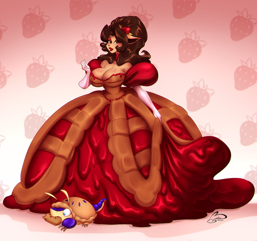 anthro big_breasts breasts brown_clothing brown_dress cleavage clothed clothing dessert dress duo female feral food food_clothing pastry pie red_clothing red_dress ooo-belise-ooo food_creature mammal hi_res signature