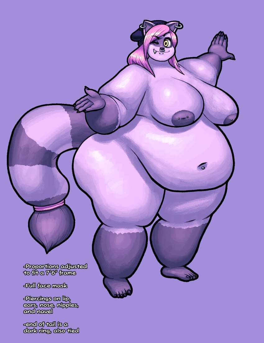 anthro areola belly big_belly big_breasts breasts cleavage clothed clothing ear_piercing ear_ring eyebrow_through_hair eyebrows facial_piercing fangs fat_arms female fur hair long_hair looking_at_viewer navel navel_piercing nipples nose_piercing nose_ring nude obese obese_anthro obese_female one_eye_closed overweight overweight_anthro overweight_female piercing pink_hair purple_background purple_body purple_fur ring_piercing simple_background smile solo tail teeth thick_tail thick_thighs translucent translucent_hair noctoon maddison_ringtail domestic_cat felid feline felis hybrid mammal digital_media_(artwork) hi_res trans_(lore) trans_woman_(lore)