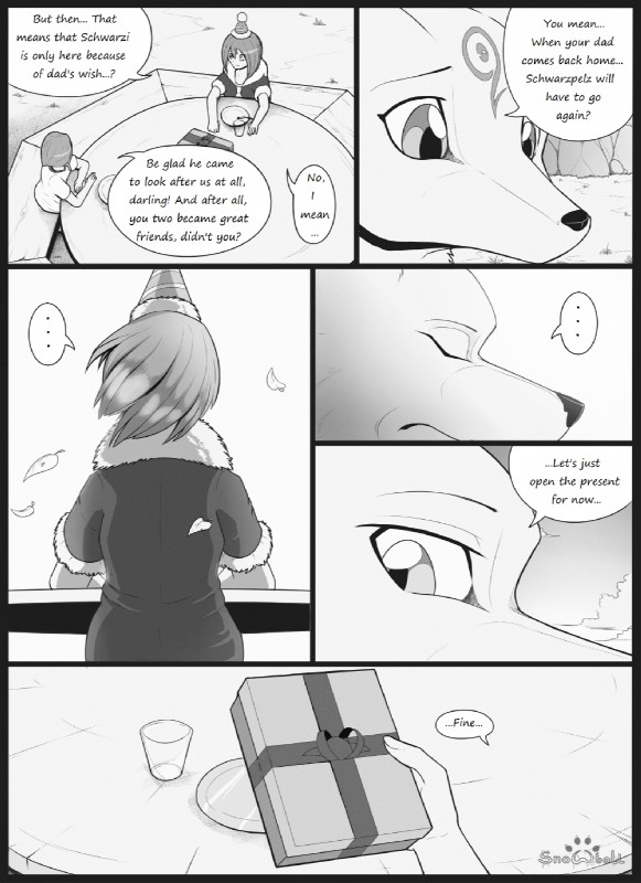 clothing dialogue female hat headgear headwear macro male party_hat text s2-freak carrie_(s2-freak) celia_(s2-freak) cherry_(s2-freak) schwarzpelz canid canine canis fox human mammal wolf comic english_text greyscale hi_res monochrome