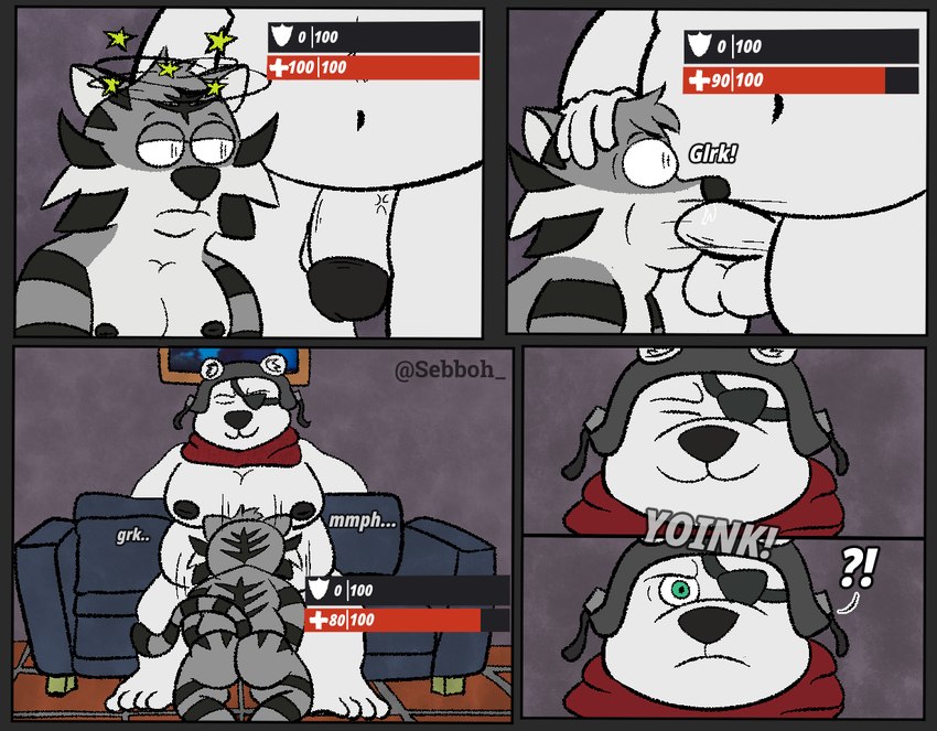 anthro balls butt clothed clothing dazed duo fellatio genitals inside male male/male moobs nude oral partially_clothed penile penis questionable_consent rear_view sex shocked sebboh epic_games fortnite polar_patroller bear felid mammal pantherine tiger