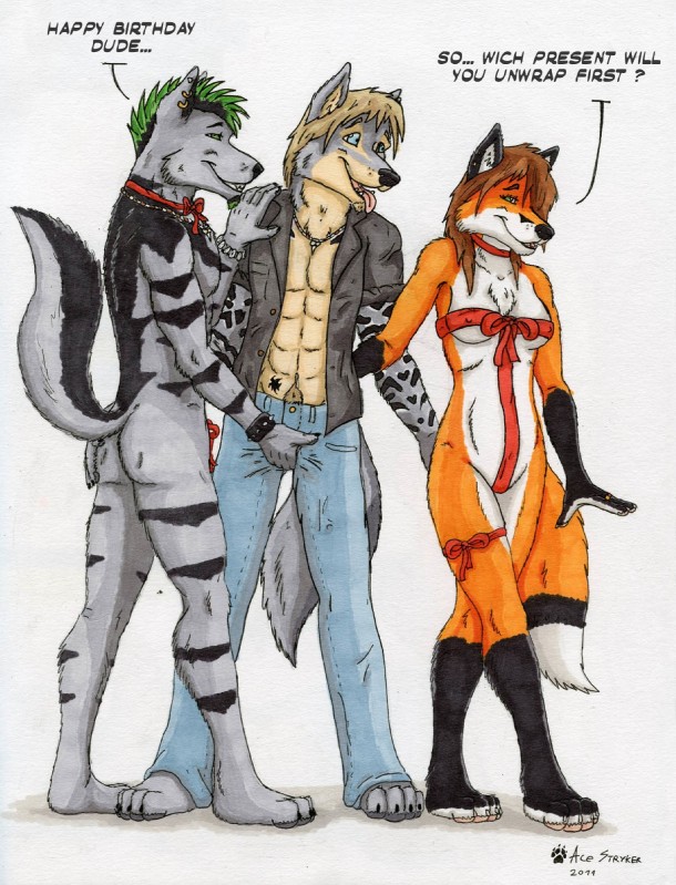 anthro birthday bisexual blue_eyes crotch_grab dialogue facial_hair female goatee green_eyes grope group happy_birthday male male/female male/male ribbons smile tail text ace_stryker rosie_dixen trevor_logan canid canine canis fox mammal wolf 2011 english_text hi_res