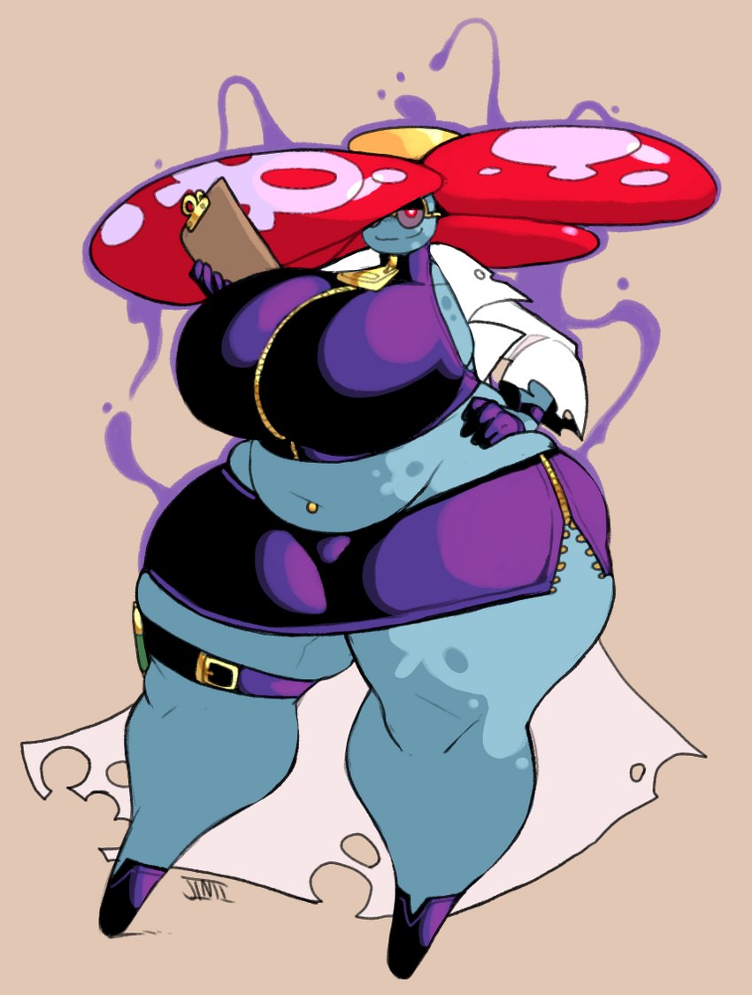 big_breasts bottomwear breasts buckle clipboard clothing coat female hand_on_hip huge_breasts lab_coat miniskirt navel navel_piercing not_furry overweight piercing simple_background skirt smile solo thick_thighs topwear torn_clothing unnecessary_belts wide_hips zipper zipper_skirt zipper_topwear jinti nintendo pokemon amanita_(d591) generation_1_pokemon pokemon_(species) vileplume 2020 colored digital_media_(artwork) signature