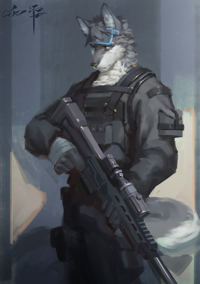 anthro black_bottomwear black_clothing black_nose black_pants blue_eyes bottomwear cheek_tuft clothed clothing facial_tuft fur glistening glistening_eyes grey_body grey_clothing grey_ears grey_fur grey_topwear gun head_tuft holding_sniper_rifle inner_ear_fluff male mouth_closed neck_tuft pants ranged_weapon rifle simple_background sniper_rifle solo standing three-quarter_view topwear tuft weapon white_body white_fur white_inner_ear_fluff awaldkize canid mammal absurd_res hi_res portrait signature three-quarter_portrait