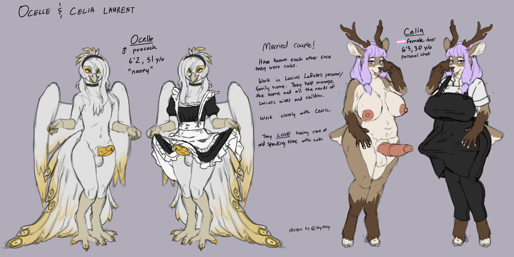 2_horns 3_toes 4_toes accessory animal_genitalia anisodactyl anthro antlers apron areola back_wings balls barefoot beak big_breasts big_penis biped black_apron black_bottomwear black_clothing black_dress black_eyebrows black_hairband black_nose black_pants black_text blue_hair_tie bottomwear breasts brown_antlers brown_body brown_ears brown_fur brown_horn brown_tail chef chef_uniform claws clothed clothed_anthro clothed_gynomorph clothed_male clothing cloven_hooves digitigrade dress erection erection_under_clothing erection_under_skirt eyebrows eyelashes feathered_wings feathers feet femboy frilly frilly_clothing frilly_dress fur genitals glans gloves_(marking) grey_background gynomorph gynomorph_anthro hair hair_accessory hair_tie half-closed_eyes hooves horn humanoid_genitalia humanoid_penis hybrid_genitalia hybrid_penis intersex intersex_anthro lgbt_pride long_hair maid_uniform male male_anthro markings medial_ring medial_ringed_humanoid_penis medial_ringed_hybrid_penis multicolored_body multicolored_clothing multicolored_dress multicolored_feathers multicolored_fur narrowed_eyes nipples no_underwear nude nude_anthro nude_gynomorph nude_male open_mouth pants penis pink_areola pink_glans pink_nipples pink_penis pink_tongue pride_colors pupils purple_eyes purple_hair scut_tail scuted_arms scuted_legs scutes sheath sheathed_humanoid_penis short_tail simple_background skirt snout standing stated_age stated_height tail tail_feathers tan_beak tan_scutes teeth text toe_claws toes tongue topwear transgender_pride_colors two_tone_body two_tone_clothing two_tone_dress two_tone_feathers two_tone_fur two_tone_tail two_tone_wings unguligrade uniform urethra white_balls white_body white_clothing white_dress white_feathers white_fur white_hair white_hooves white_inner_ear white_sheath white_tail white_topwear white_wings wings yellow_body yellow_claws yellow_eyes yellow_feathers yellow_glans yellow_penis yellow_wings itsymitsy celia_laurent ocelle_laurent avian bird deer galliform mammal peafowl phasianid 2026 2:1 english_text handwritten_text hi_res model_sheet signature trans_(lore) trans_woman_(lore)