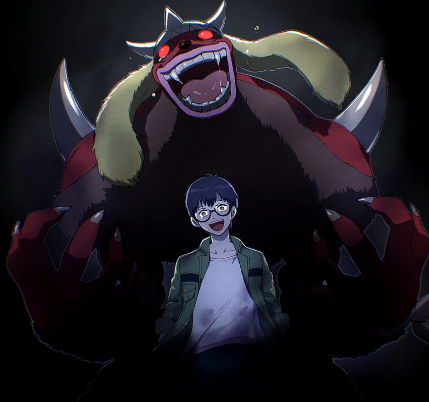 3_horns anthro black_background black_hair bodily_fluids brown_body brown_fur clothing duo eyewear fur glasses hair horn imminent_death imminent_vore long_ears male multi_horn open_mouth red_body red_eyes saliva simple_background size_difference tears hsnkz809 bandai_namco digimon digimon_survive lopmon_(survive) shuuji_kayama digimon_(species) human mammal monster wendigomon