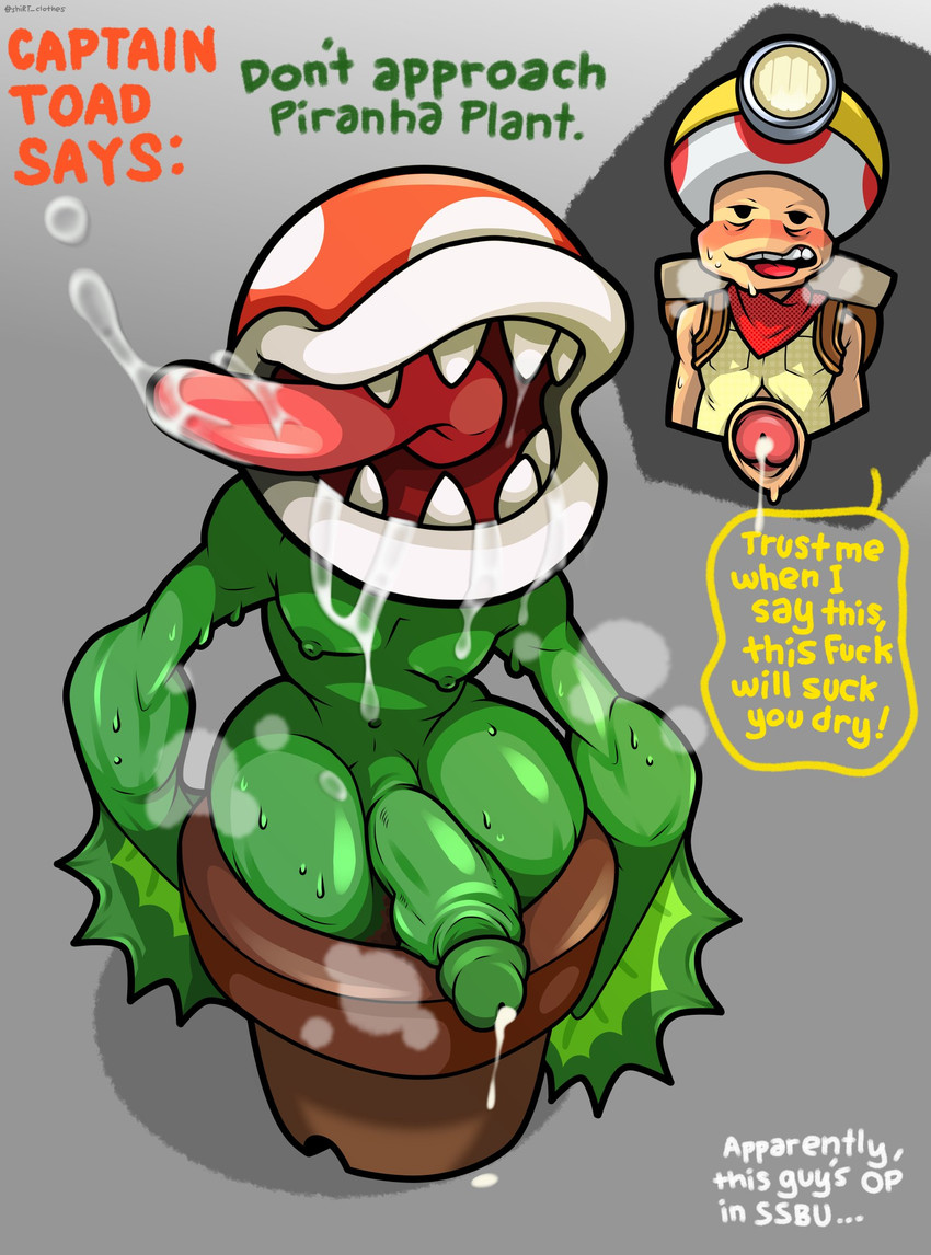 anthro balls blush bodily_fluids cum dialogue drooling duo foreskin genital_fluids genitals male male/male nipples penis plant saliva tongue tongue_out shirt_(artist) mario_bros nintendo captain_toad elemental_creature flora_fauna piranha_plant toad_(mario) hi_res