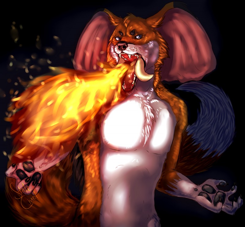 anthro breath_powers elemental_manipulation fire fire_breathing fire_manipulation fur light looking_at_viewer male open_mouth quills_(anatomy) shadow simple_background solo teeth tongue tusks stalechael tripwire_(character) canid canine elephant elephantid fox hybrid mammal pholidine porcupine proboscidean rodent absurd_res hi_res lighting