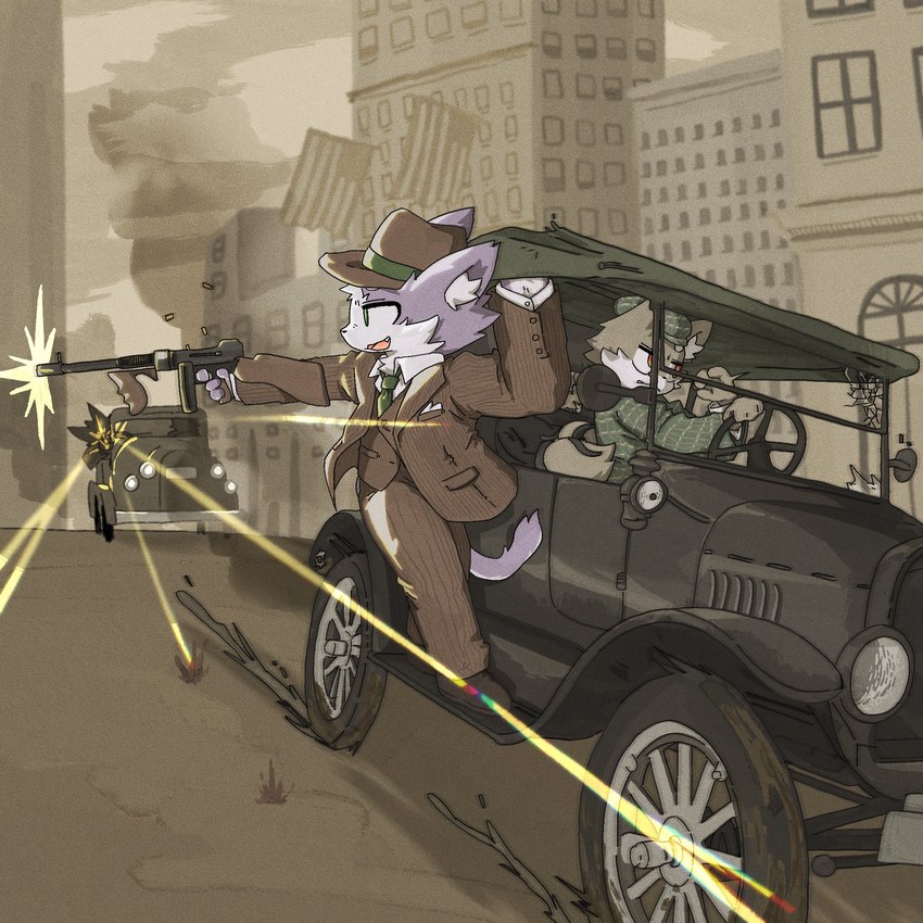 anthro car clothing duo formal_wear gangster gun hat headgear headwear holding_gun holding_object holding_ranged_weapon holding_weapon male ranged_weapon shooting submachine_gun tail thompson_gun vehicle weapon br_eaduck felid feline mammal hi_res