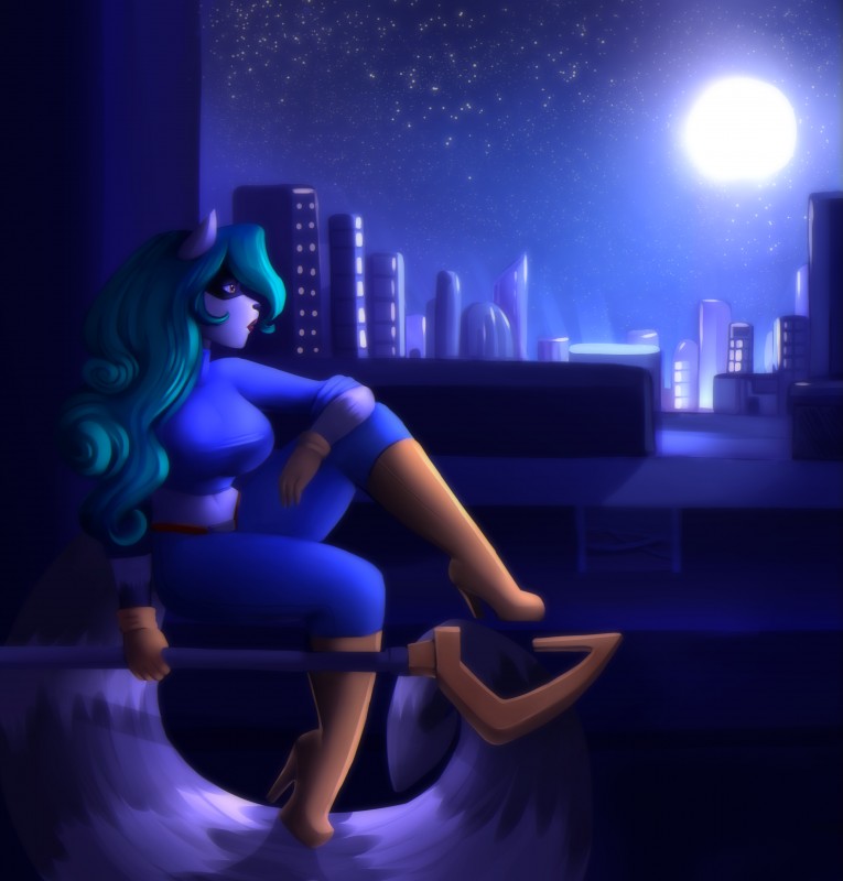 blue_hair boots cane city city_background clothing cooper_cane detailed_background female footwear gloves hair handwear high_heeled_boots high_heels hook mask midriff night painted_background rooftops shoes sky solo star starry_sky ooo-belise-ooo sly_cooper_(series) sony_corporation sony_interactive_entertainment sucker_punch_productions amelia_cooper mammal procyonid raccoon absurd_res digital_media_(artwork) digital_painting_(artwork) hi_res