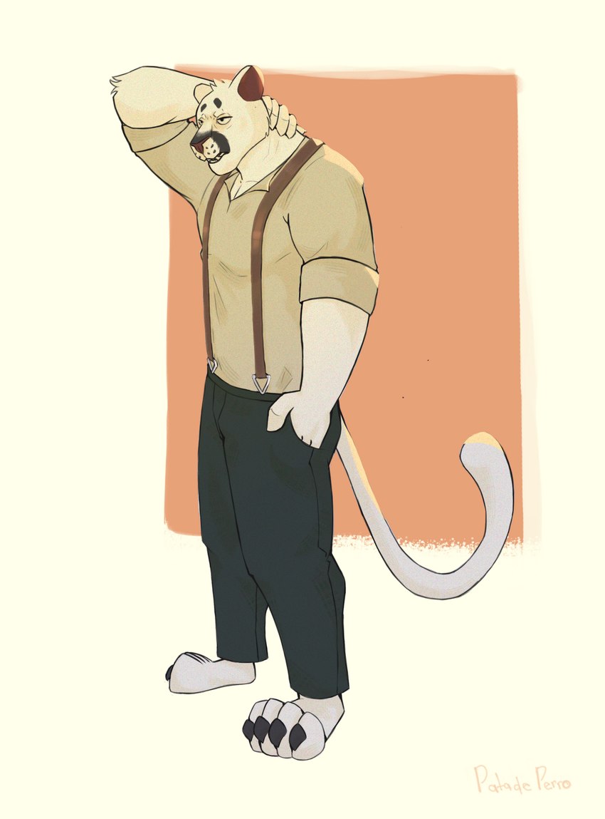 anthro bottomwear clothing fur male muscular muscular_male open_mouth paws red_nose simple_background solo standing suspenders tail teeth tired tired_eyes topwear white_body white_fur patadeperro echo_(series) echo_project the_smoke_room samuel_ayers cougar felid feline mammal hi_res