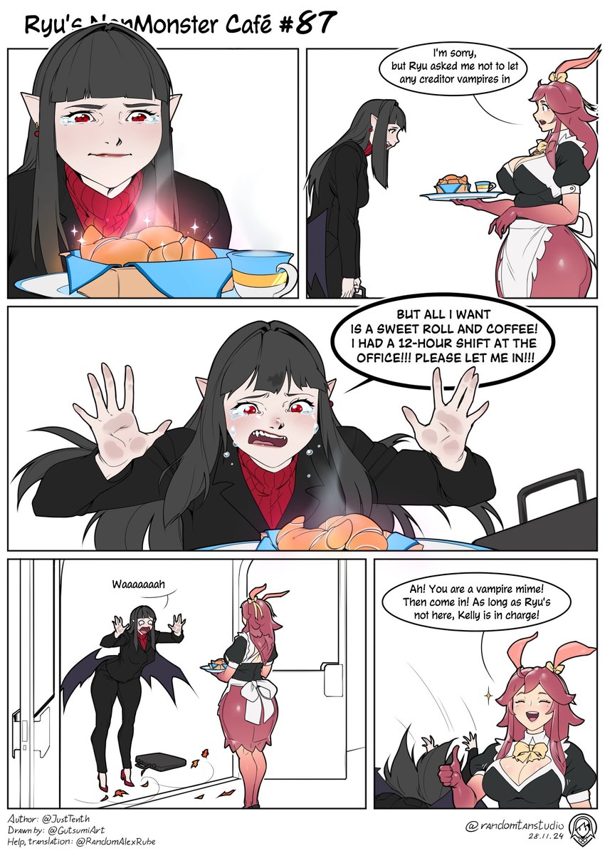 apron big_breasts black_hair black_wings bodily_fluids bread breasts cleavage clothed clothing croissant crying duo female food hair holding_plate humanoid_pointy_ears long_hair looking_at_food looking_at_object maid_uniform monster_girl_(genre) open_mouth pastry pointy_ears red_eyes sad smile sparkles standing tears text thick_thighs uniform white_apron white_clothing wide_hips wings gutsumi randomtanstudio kelly_(randomtanstudio) animal_humanoid cnidarian cnidarian_humanoid humanoid jellyfish_humanoid marine marine_humanoid medusozoan medusozoan_humanoid vampire comic english_text hi_res