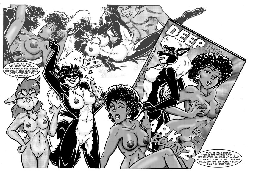 afro anthro award bed breasts dark_body dark_fur dark_hair dark_nipples dark_skin ear_piercing ear_ring eyes_closed female fur furniture genitals gesture grinning_at_viewer group hair hand_gesture hand_on_breast holding_award holding_object holding_trophy human_on_anthro interspecies looking_at_viewer lying lying_on_bed male male/female male_on_top nude on_bed on_top penetration piercing porn_cover pornography pubes pussy ring_piercing spread_legs spreading text trophy vaginal vaginal_penetration white_hair style_wager brave_new_world_(style_wager) cherise_chevron flo_munroe gilbert_(stylewager) sasha_gothica bat felid human mammal mephitid pantherine skunk 2015 comic cover english_text hi_res monochrome