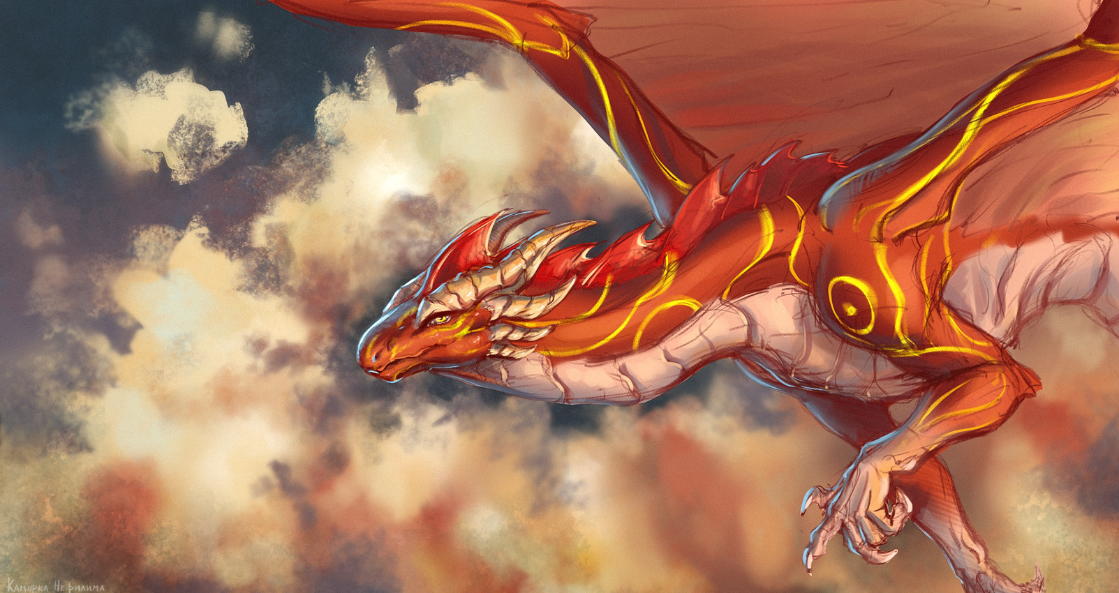 5_fingers 8_horns ambiguous_feral ambiguous_gender cloud countershading feral fingers flying frill_(anatomy) head_crest head_frill horn long_snout membrane_(anatomy) membranous_wings multi_horn multicolored_body orange_body orange_wings quadruped scales snout solo tan_body tan_countershading tan_scales two_tone_body ventral_scales wings yellow_eyes yara_kamnef european_mythology mythology dragon mythological_creature mythological_scalie scalie western_dragon 2023 digital_drawing_(artwork) digital_media_(artwork) hi_res signature