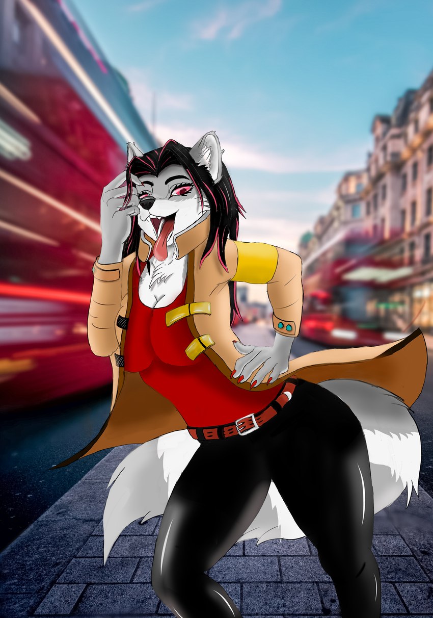 anthro belt bottomwear classy clothed clothing coat female landscape leather leather_bottomwear leather_clothing leather_pants london modern open_mouth pants smile solo standing street tongue topwear united_kingdom lucareelo canid canine canis mammal wolf absurd_res hi_res