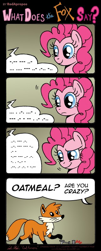 ambiguous_gender blue_eyes dialogue female feral hair morse_code pink_hair text redapropos friendship_is_magic hasbro my_little_pony pinkie_pie_(mlp) canid canine earth_pony equid equine fox horse mammal pony 2013 absurd_res alpha_channel comic english_text hi_res