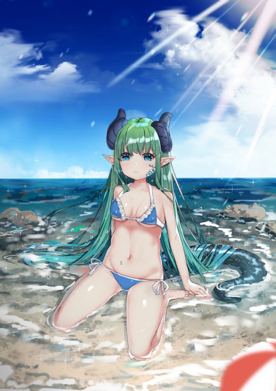 bikini blue_eyes breasts clothing cloud colored_edge_bikini female green_hair hair horn humanoid_pointy_ears navel outside partially_submerged pointy_ears ruffled_bikini sea seaside side-tie_bikini side-tie_clothing side-tie_swimwear sitting sky solo string_bikini swimwear tail triangle_bikini two-piece_swimsuit wariza water lux_(artist) mythology animal_humanoid dragon dragon_humanoid horned_humanoid humanoid mythological_creature mythological_scalie scalie tailed_humanoid 2019 absurd_res hi_res