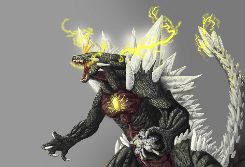 anthro back_spikes black_body black_scales body_crystals chest_crystal claws clubbed_tail crystal electricity electricity_manipulation elemental_manipulation glowing half_body head_crest long_tail male multicolored_body multicolored_scales muscular muscular_male open_mouth red_body red_eyes red_scales roaring rubble scales sharp_teeth solo spiked_tail spikes spikes_(anatomy) tail teeth tongue weapon_tail riamus01 godzilla_(series) toho spacegodzilla alien dinosaur kaiju monster prehistoric_species reptile scalie crossover hi_res story story_in_description