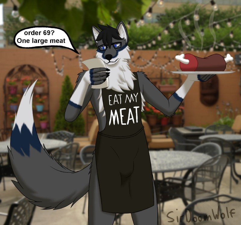 anthro apron apron_only blue_eyes clothing dialogue male mostly_nude question_mark solo text text_on_apron text_on_clothing sirdoomwolf void_doomwolf canid canine canis mammal wolf 2018 english_text hi_res