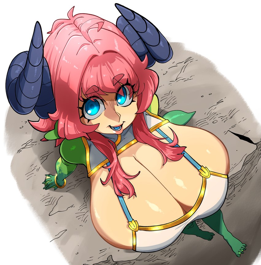 barefoot big_breasts blue_eyes breasts cleavage clothed clothing feet female green_body hair horn huge_breasts looking_at_viewer multicolored_body pink_hair smile smiling_at_viewer solo tan_body two_tone_body nuclearwasabi mythology nina_(eigaka) animal_humanoid dragon dragon_humanoid humanoid mythological_creature mythological_scalie scalie 2023 absurd_res hi_res