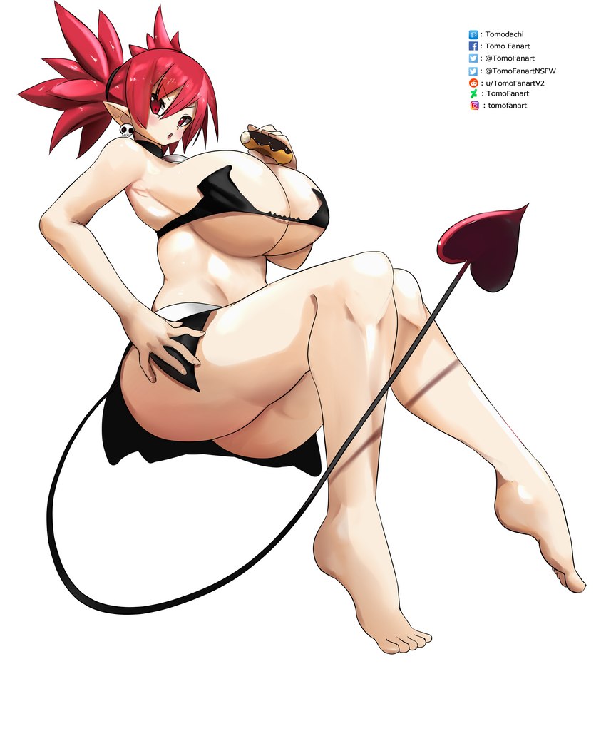 big_breasts breasts clothed clothing female hair no_underwear not_furry red_hair simple_background skimpy solo spade_tail tail white_background tomodachi disgaea nippon_ichi_software etna_(disgaea) demon demon_humanoid humanoid absurd_res hi_res