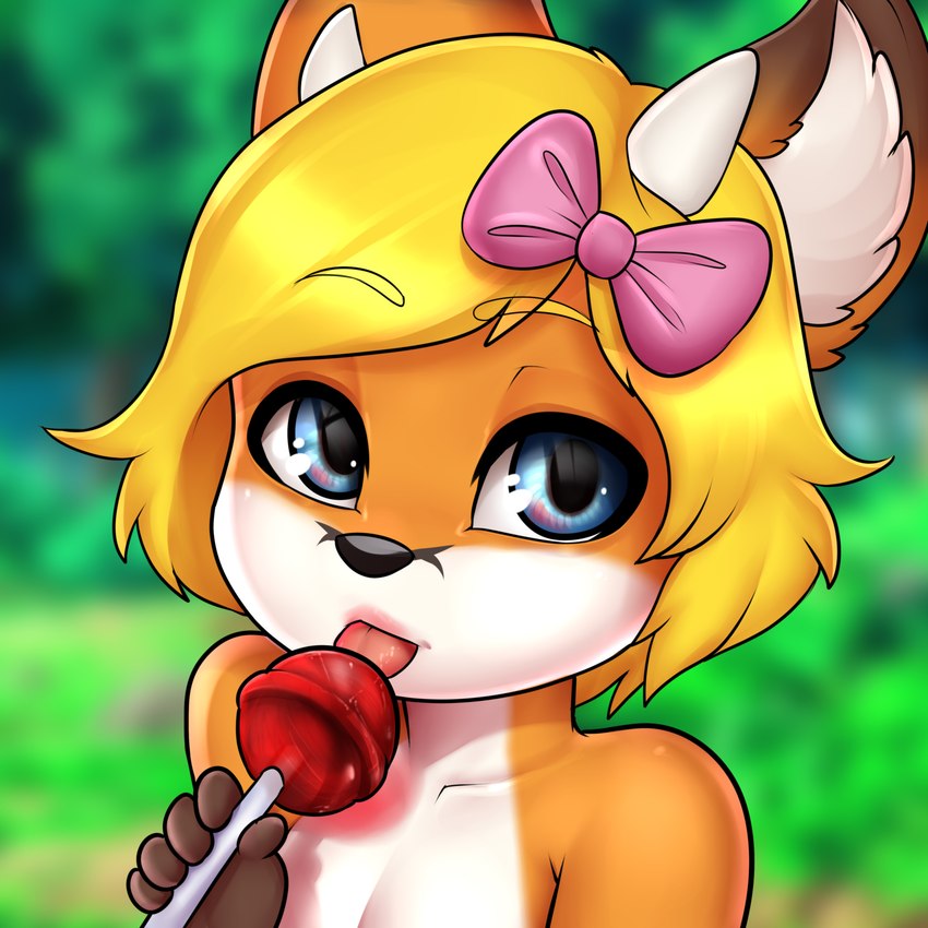 accessory anthro blonde_hair blue_eyes bow_(feature) bow_accessory bow_ribbon candy dessert female food hair hair_accessory hair_bow hair_ribbon holding_candy holding_food holding_lollipop holding_object lollipop ribbons solo young young_anthro hardyboy muq katinka canid canine fox mammal red_fox true_fox 1:1 absurd_res bust_portrait digital_media_(artwork) hi_res portrait